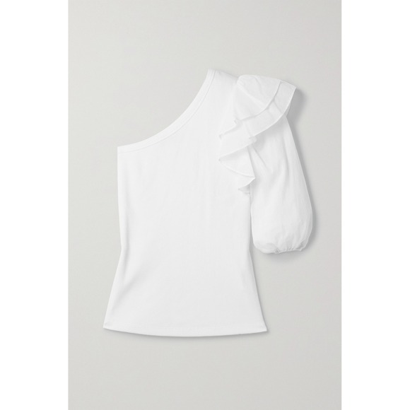 Veronica Beard Tops - Veronica Beard Diantha One-Sleeve Ruffled Poplin Ribbed Cotton Jersey Top White